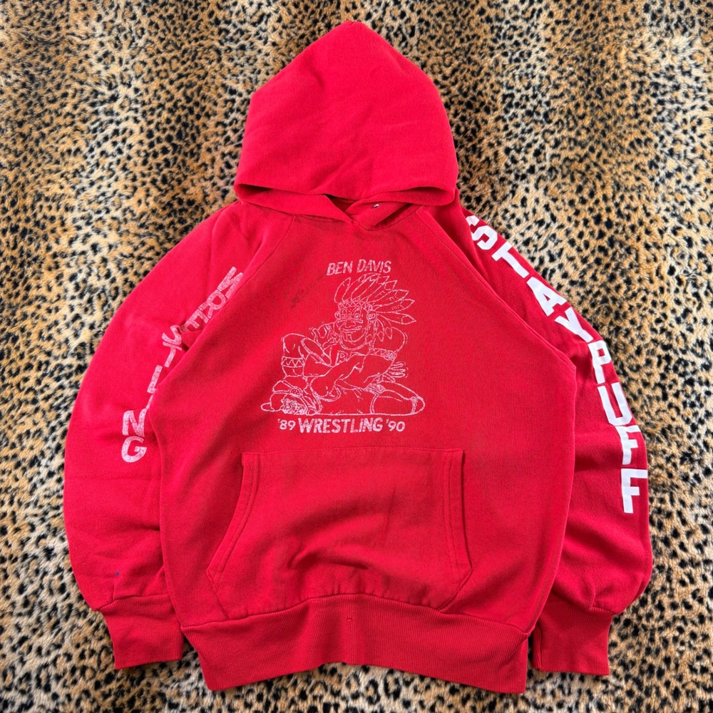 Vintage 90s Ben Davis 89 Wrestling 90 Red Graphic Hoodie Size S Stay Puff - Picture 1 of 9
